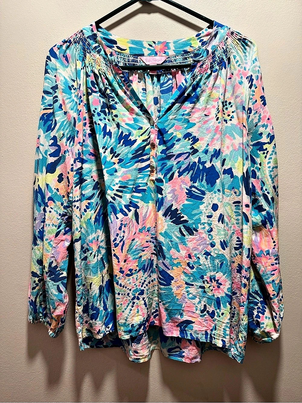 Lilly Pulitzer Elsa Silk Top Floral Blouse Blue & Pink Large